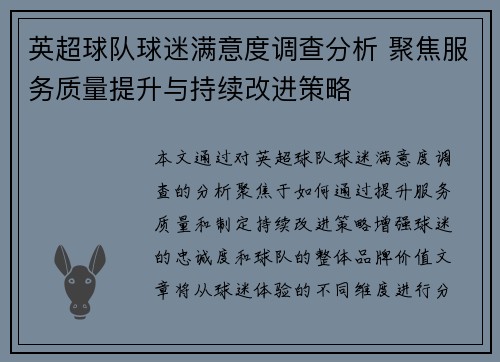 英超球队球迷满意度调查分析 聚焦服务质量提升与持续改进策略
