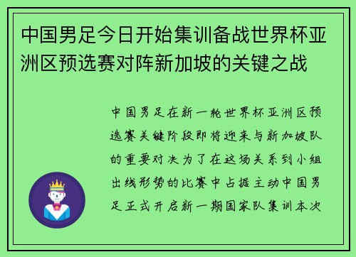 中国男足今日开始集训备战世界杯亚洲区预选赛对阵新加坡的关键之战